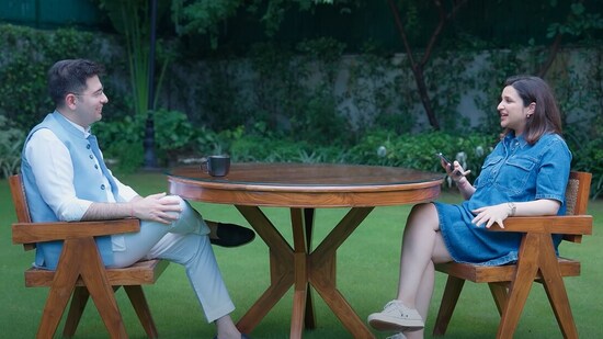 Actor Parineeti Chopra with her husband, Aam Aadmi Party MP Raghav Chadha, in her "fake talk show". (Screengrab from her YouTube)