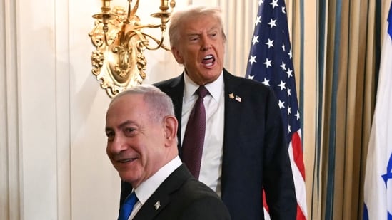 US President Donald Trump and Israeli Prime Minister Benjamin Netanyahu depart at the conclusion of a joint press conference in the State Dining Room of the White House in Washington, DC on September 29, 2025. (AFP)