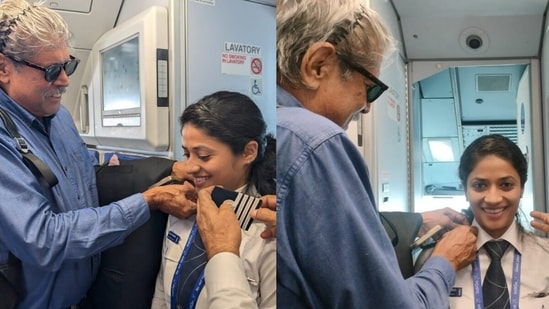 Kapil Dev pinned stripes on an IndiGo pilot inside the aircraft. (X/@IndiGo6E)