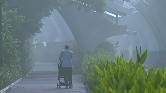A thin layer of smog was seen in some parts of the National Capital Region, including Noida, Gurgaon and Ghaziabad. Delhi's air quality was recorded in the 'moderate' category at 9 am on Saturday with an AQI reading of 114.(HT Photo/ Arvind Yadav)