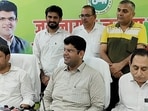 Former deputy chief minister Dushyant Chautala addresses a press conference in Rohtak on Sunday. (Manoj Dhaka/HindustanTimes)