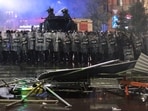 Police block a street to prevent demonstrators from advancing during an opposition rally in the city center of Tbilisi, Georgia, on Saturday, Oct. 4, 2025/ Police block a street to prevent demonstrators from advancing during an opposition rally in the city center of Tbilisi, Georgia, on Saturday, Oct. 4, 2025/