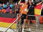 Germany’s para long jump great with his long-time coach and Olympic javelin medallist Steffi Nerius after his eighth victory, in the T64 classification event at the Jawaharlal Nehru Stadium in Delhi on Friday. (HT Photo)