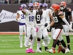 Minnesota Vikings wide receiver Justin Jefferson (18) reacts after a play against the Cleveland Browns