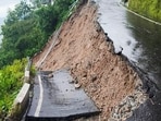 A damaged road after landslides due to heavy rainfall, in Darjeeling district, West Bengal, on Sunday, October 5, 2025.