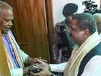 Union minister and BJP's Bihar election in-charge Dharmendra Pradhan meets Union minister and HAM (S) leader Jitan Ram Manjhi ahead of the state Assembly elections, in Patna, on Sunday. (PTI) Union minister and BJP's Bihar election in-charge Dharmendra Pradhan meets Union minister and HAM (S) leader Jitan Ram Manjhi ahead of the state Assembly elections, in Patna, on Sunday. (PTI)