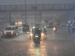 Heavy rain near Akshardam Temple on NH-24 near Vinod Nagar in New Delhi, on Thursday, October 2
