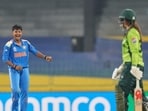 India's Kranti Goud celebrates the wicket of Pakistan's Aliya Riaz during the ICC Women's Cricket World Cup in Colombo, Sri Lanka, Sunday. India's Kranti Goud celebrates the wicket of Pakistan's Aliya Riaz during the ICC Women's Cricket World Cup in Colombo, Sri Lanka, Sunday.