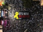 Donald Trump shared the photograph from Tel Aviv rally where tens of thousands had gathered to call for prisoner exchange. Donald Trump shared the photograph from Tel Aviv rally where tens of thousands had gathered to call for prisoner exchange.