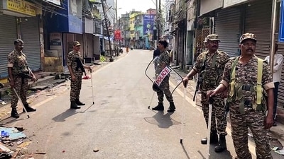 Heavy police force has been deployed since a clash erupted during Durga Puja immersion in Cuttack on Saturday. (ANI Video Grab ) Heavy police force has been deployed since a clash erupted during Durga Puja immersion in Cuttack on Saturday. (ANI Video Grab )