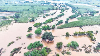 Aerial view of the inundated Devgaon village in Dharashiv district, which was cut off after being pummeled by heavy rain. (Raju Shinde/ HT Photo)
