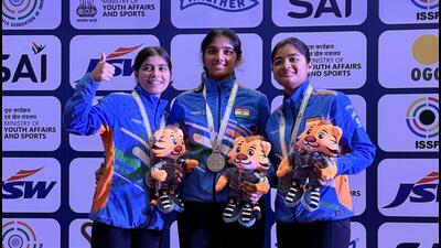 Anshika, Anushka Thokur, and Aadhya Agrawal had clinched all three medals in the women’s 50m Rifle Prone event at the ISSF Junior World Cup. (NRAI) Anshika, Anushka Thokur, and Aadhya Agrawal had clinched all three medals in the women’s 50m Rifle Prone event at the ISSF Junior World Cup. (NRAI)