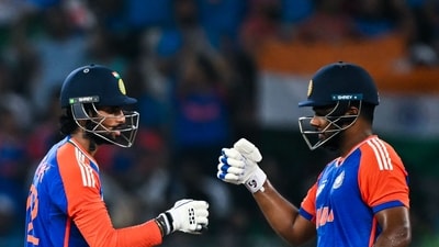 Tilak Varma and Sanju Samson bump their fists during the Asia Cup 2025. (AFP) Tilak Varma and Sanju Samson bump their fists during the Asia Cup 2025. (AFP)