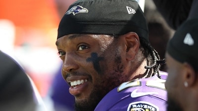 Derrick Henry of the Baltimore Ravens looks on from the sideline during the first quarter against the Houston Texans in the game at M&T Bank Stadium on October 05. (Getty Images via AFP)