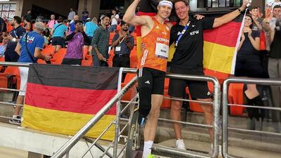 Germany’s para long jump great with his long-time coach and Olympic javelin medallist Steffi Nerius after his eighth victory, in the T64 classification event at the Jawaharlal Nehru Stadium in Delhi on Friday. (HT Photo) Germany’s para long jump great with his long-time coach and Olympic javelin medallist Steffi Nerius after his eighth victory, in the T64 classification event at the Jawaharlal Nehru Stadium in Delhi on Friday. (HT Photo)
