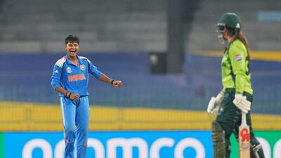 India's Kranti Goud celebrates the wicket of Pakistan's Aliya Riaz during the ICC Women's Cricket World Cup in Colombo, Sri Lanka, Sunday. (AP)