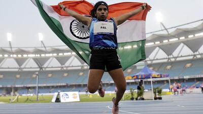 India’s Priti Pal celebrates after winning the silver medal in the women’s 100m in the World Para Athletics Championships in New Delhi on Sunday. (REUTERS) India’s Priti Pal celebrates after winning the silver medal in the women’s 100m in the World Para Athletics Championships in New Delhi on Sunday. (REUTERS)