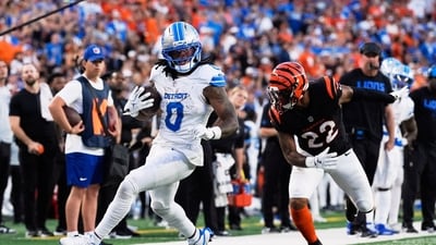Detroit Lions running back Jahmyr Gibbs (0) runs past Cincinnati Bengals safety Geno Stone (22) during the second half of an NFL football game Sunday, Oct. 5, 2025, in Cincinnati. (AP) Detroit Lions running back Jahmyr Gibbs (0) runs past Cincinnati Bengals safety Geno Stone (22) during the second half of an NFL football game Sunday, Oct. 5, 2025, in Cincinnati. (AP)