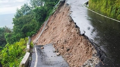 A damaged road after landslides due to heavy rainfall, in Darjeeling district, West Bengal, on Sunday, October 5, 2025. (PTI)