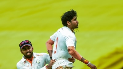 Yash Thakur, right, and others celebrate after winning the Irani Cup 2025 cricket match against Rest of India, at Vidarbha Cricket Association (VCA) Stadium, (PTI) Yash Thakur, right, and others celebrate after winning the Irani Cup 2025 cricket match against Rest of India, at Vidarbha Cricket Association (VCA) Stadium, (PTI)