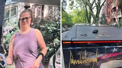 The vehicle’s cameras recorded a woman wiping the mess on Trump-themed Cybertruck in Chicago. (@jeeotus/X) The vehicle’s cameras recorded a woman wiping the mess on Trump-themed Cybertruck in Chicago. (@jeeotus/X)
