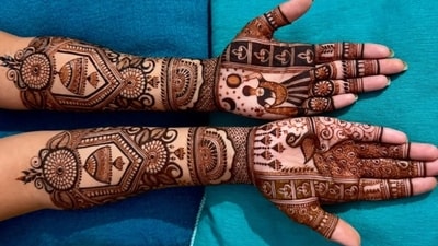 The evening is marked by prayers, rituals, and a glimpse of the moon, when women break their fast with their husbands. This mehandi design incorporates diyas, a peacock and a woman observing the Karwa Chauth ritual. (instagram/@mehandi_artist_indore09) The evening is marked by prayers, rituals, and a glimpse of the moon, when women break their fast with their husbands. This mehandi design incorporates diyas, a peacock and a woman observing the Karwa Chauth ritual. (instagram/@mehandi_artist_indore09)
