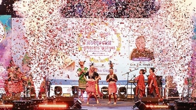 Artistes from the Northeast perform at the opening ceremony of NESt festival at Delhi's Talkatora Stadium. (Photo: Sanchit Khanna/HT)