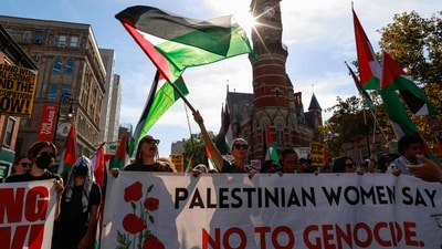 Protesters gather during the "Rise Up for Gaza" international day of action at Washington Square Park in New York City on October 4. (AFP) Protesters gather during the "Rise Up for Gaza" international day of action at Washington Square Park in New York City on October 4. (AFP)