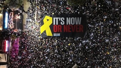 Donald Trump shared the photograph from Tel Aviv rally where tens of thousands had gathered to call for prisoner exchange. (Truth Social) Donald Trump shared the photograph from Tel Aviv rally where tens of thousands had gathered to call for prisoner exchange. (Truth Social)