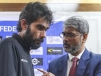 All India Football Federation President Kalyan Chaubey (R) with India head coach Khalid Jamil. (PTI)
