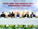 External affairs minister S. Jaishankar, JNU chancellor Kanwal Sibal, CRF president Shishir Priyadarshi and at the inaugural Aravalli Summit 2025 in New Delhi on Monday. (@DrSJaishankar X)