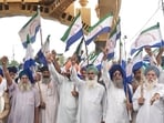 Farmers raising slogans during a protest against the central and state governments over the issue of stubble-burning FIRs and delay in flood compensation, in Amritsar on Monday. (Sameer Sehgal/HT) Farmers raising slogans during a protest against the central and state governments over the issue of stubble-burning FIRs and delay in flood compensation, in Amritsar on Monday. (Sameer Sehgal/HT)