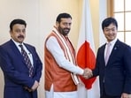 Haryana chief minister Nayab Singh Saini with Japan’s state minister of foreign affairs Takuma Miyaji as state industries and commerce minister Rao Narbir Singh looks on during a meeting in Tokyo on Monday. (PTI Photo)