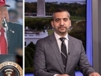 Mehdi Hasan attacks Trump over Virginia Navy event speech (Photographer: Stefani Reynolds/Bloomberg, @mehdirhasan/X)
