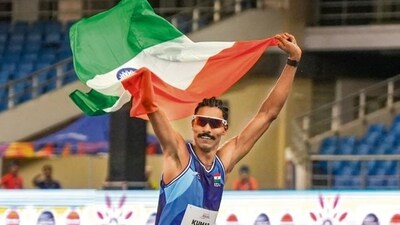 Nishad won gold with a best attempt of 2.14 meters. (Photo: Salman Ali/ PTI) Nishad won gold with a best attempt of 2.14 meters. (Photo: Salman Ali/ PTI)