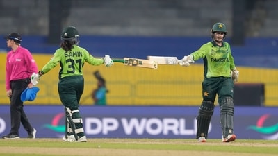 Pakistan's Natalia Parvaiz and Sidra Amin cheer each others during the ICC Women's Cricket World Cup match between India and Pakistan (AP) Pakistan's Natalia Parvaiz and Sidra Amin cheer each others during the ICC Women's Cricket World Cup match between India and Pakistan (AP)