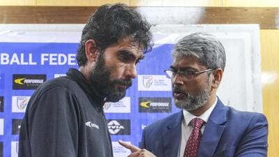 All India Football Federation President Kalyan Chaubey (R) with India head coach Khalid Jamil. (PTI) All India Football Federation President Kalyan Chaubey (R) with India head coach Khalid Jamil. (PTI)