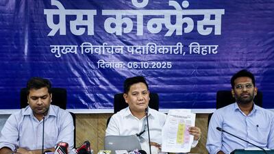 Bihar chief electoral officer Vinod Singh Gunjiyal addresses a press conference after announcing the dates for assembly polls in Patna on Monday. (ANI)
