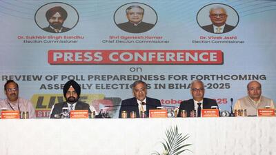 Chief election commissioner Gyanesh Kumar and election commissioners Vivek Joshi and S S Sandhu during a press conference in Patna, Bihar, on Sunday. (Santosh Kumar/ Hindustan Times) Chief election commissioner Gyanesh Kumar and election commissioners Vivek Joshi and S S Sandhu during a press conference in Patna, Bihar, on Sunday. (Santosh Kumar/ Hindustan Times)