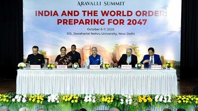 External affairs minister S. Jaishankar, JNU chancellor Kanwal Sibal, CRF president Shishir Priyadarshi and at the inaugural Aravalli Summit 2025 in New Delhi on Monday. (@DrSJaishankar X) External affairs minister S. Jaishankar, JNU chancellor Kanwal Sibal, CRF president Shishir Priyadarshi and at the inaugural Aravalli Summit 2025 in New Delhi on Monday. (@DrSJaishankar X)