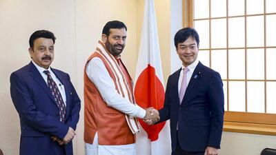 Haryana chief minister Nayab Singh Saini with Japan’s state minister of foreign affairs Takuma Miyaji as state industries and commerce minister Rao Narbir Singh looks on during a meeting in Tokyo on Monday. (PTI Photo) Haryana chief minister Nayab Singh Saini with Japan’s state minister of foreign affairs Takuma Miyaji as state industries and commerce minister Rao Narbir Singh looks on during a meeting in Tokyo on Monday. (PTI Photo)