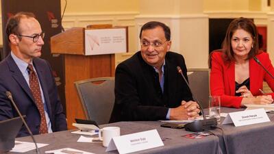 India’s High Commissioner to Ottawa Dinesh Patnaik (centre) with Canada’s Assistant Deputy Minister (Indo-Pacific) Weldon Epp (left) and Asia-Pacific Foundation of Canada’s vice-president, research and strategy, Vina Nadjibulla, at the Canada-India Track II dialogue in Ottawa on Saturday. (Credit: High Commission of India, Ottawa) India’s High Commissioner to Ottawa Dinesh Patnaik (centre) with Canada’s Assistant Deputy Minister (Indo-Pacific) Weldon Epp (left) and Asia-Pacific Foundation of Canada’s vice-president, research and strategy, Vina Nadjibulla, at the Canada-India Track II dialogue in Ottawa on Saturday. (Credit: High Commission of India, Ottawa)