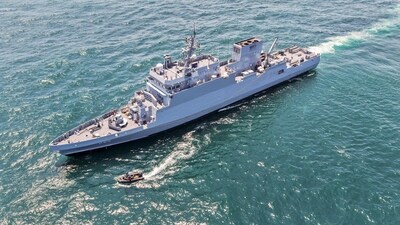 Built by Garden Reach Shipbuilders and Engineers (GRSE), Kolkata, Androth has over 80 per cent indigenous content. (Defence PRO via PTI) Built by Garden Reach Shipbuilders and Engineers (GRSE), Kolkata, Androth has over 80 per cent indigenous content. (Defence PRO via PTI)