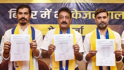 AAP in-charge of Bihar Ajesh Yadav (centre) along with state AAP president Rakesh Yadav (right), releases the party's first list of candidates for the 2025 Bihar Assembly elections. (PTI) AAP in-charge of Bihar Ajesh Yadav (centre) along with state AAP president Rakesh Yadav (right), releases the party's first list of candidates for the 2025 Bihar Assembly elections. (PTI)
