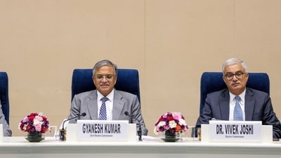 Chief Election Commissioner Gyanesh Kumar with Election Commissioners Sukhbir Singh Sandhu and Vivek Joshi during a press conference regarding the 2025 Bihar Assembly elections, in New Delhi, Monday, (PTI) Chief Election Commissioner Gyanesh Kumar with Election Commissioners Sukhbir Singh Sandhu and Vivek Joshi during a press conference regarding the 2025 Bihar Assembly elections, in New Delhi, Monday, (PTI)