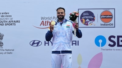 Sumit Antil poses with his Gold medal at the World Para athletics championship 2025 in Delhi