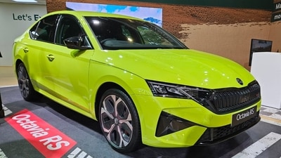 The Skoda Octavia RS unveiled at Auto Expo 2025, features a 2.0-litre turbo-petrol engine with a DSG gearbox. (HT Photo) The Skoda Octavia RS unveiled at Auto Expo 2025, features a 2.0-litre turbo-petrol engine with a DSG gearbox. (HT Photo)