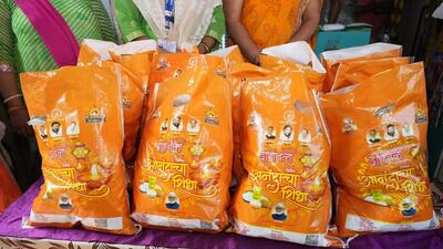 The Ananadacha Shidha scheme provided essential groceries to low-income families during festivals for only ₹100. (@ShelarAshish/X) The Ananadacha Shidha scheme provided essential groceries to low-income families during festivals for only ₹100. (@ShelarAshish/X)