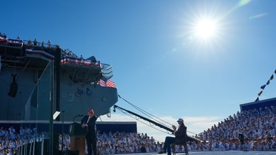 Trump praised the Navy's efforts to combat what he called "cartel terrorists". (AP) Trump praised the Navy's efforts to combat what he called "cartel terrorists". (AP)