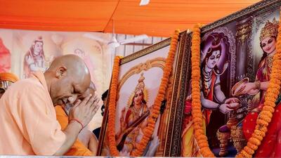 Uttar Pradesh chief minister Yogi Adityanath offering prayers at an event in Varanasi on Monday. (ANI PHOTO) Uttar Pradesh chief minister Yogi Adityanath offering prayers at an event in Varanasi on Monday. (ANI PHOTO)